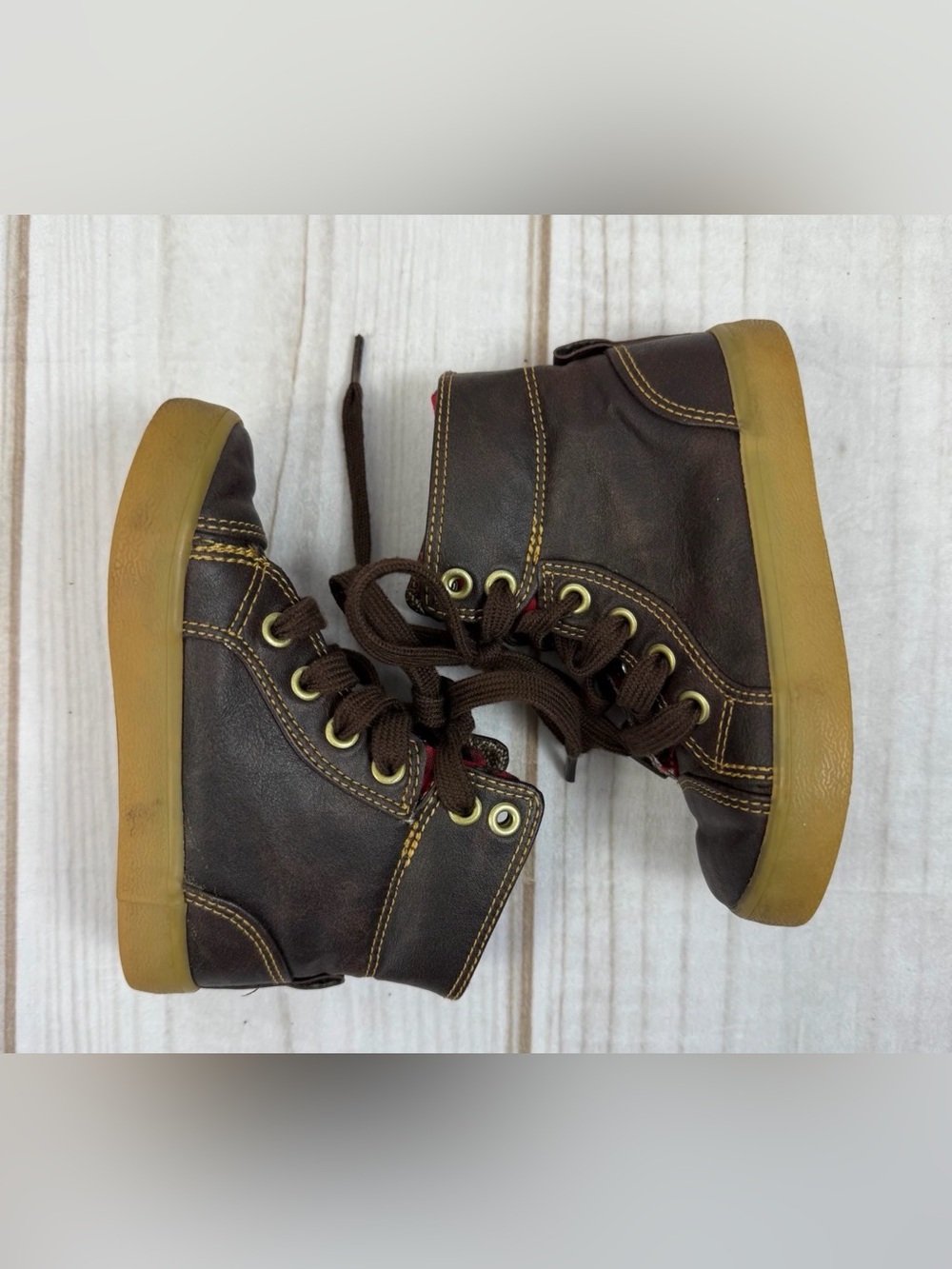 Baby Gap Brown High-Top Sneakers with Gum Sole and Plaid Insoles